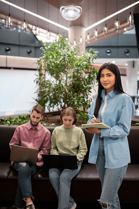 People collaborating in a lobby setting